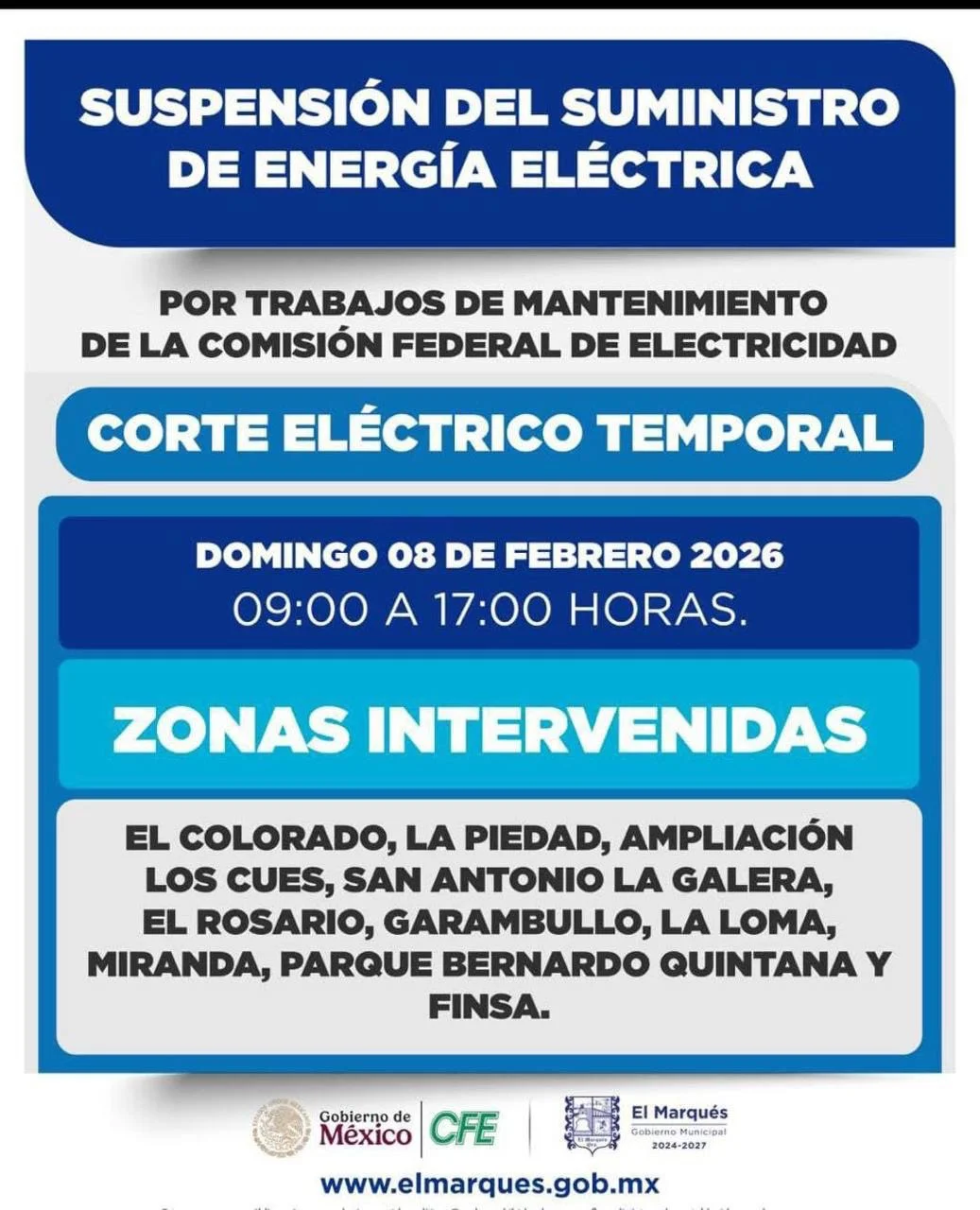 ⚠️ CFE suspenderá servicio eléctrico en zonas de El Marqués este 8 de febrero